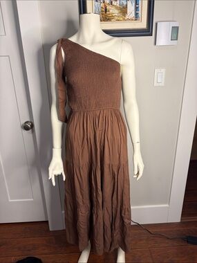 Smocked One-Shoulder Maxi Dress in Brown